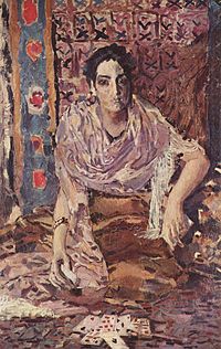 The Fortune Teller (1895) by Art Nouveau painter Mikhail Vrubel, depicting a cartomancer Michail Alexandrowitsch Wrubel 001.jpg