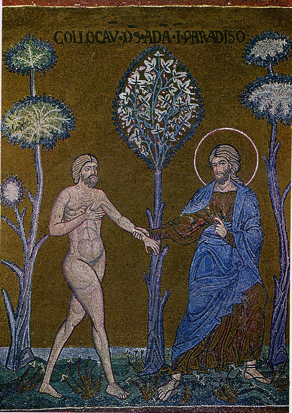 A Byzantine mosaic in Monreale depicting Adam encountering the pre-incarnate Jesus at the Garden of Eden