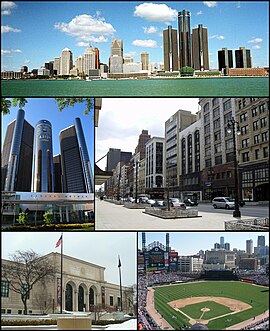 Top: Downtown Detroit Skyline. Middle: Renaissance Center (General Motors World Headquarters), Woodward Avenue. Bottom: Detroit Institute of Arts, Comerica Park