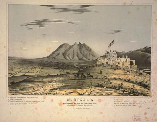 Monterrey from Independence Hill, in the rear of the Bishop´s Palace. On stone by F. Swington, colored by G. & W. Edicott, New York, 1847. Depiction o