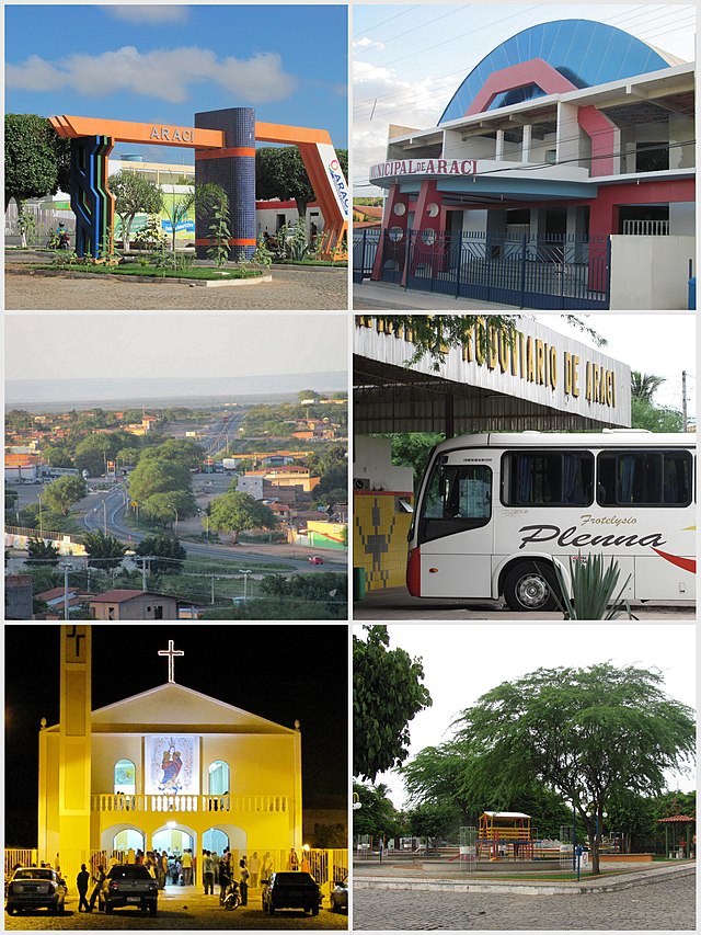 De cima em sentido horário: Portal da cidade, Câmara municipal, Trecho urbano da Rodovia Santos Drumont, Terminal rodoviário, Igreja Católica matriz, Praça Monsenhor Carlos Olímpio.