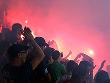 Photographie d’une tribune de stade en liesse.