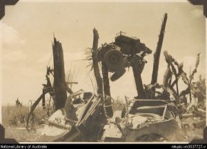 The force of the blast left the remains of a jeep suspended on a tree Mount Lamington devastation.jpg
