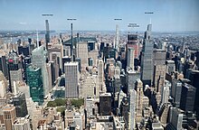 Midtown Manhattan in September 2023, looking north from the Empire State Building's 102nd floor (1,224 feet or 373 meters). 111 West 57th Street is labeled as "Steinway Tower". NYC2023Sept1.jpg