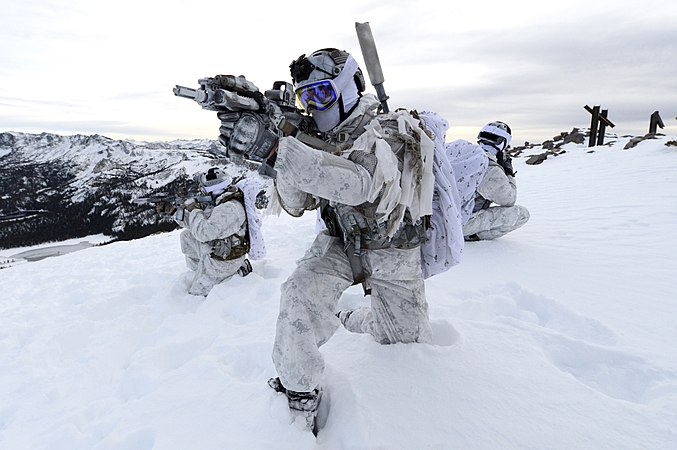 United States Navy SEALs training for winter warfare at Mammoth Mountain, California.