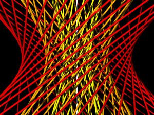 A fibration of projective space by skew lines on nested hyperboloids. Nested hyperboloids.png