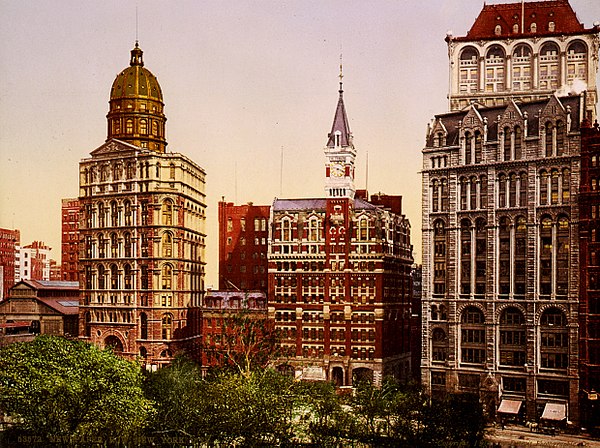 Newspaper Row, circa 1900, World Building on left