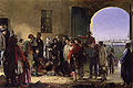 Ein Gemälde zeigt Nightingale beim Empfang von Verwundeten im Militärkrankenhaus.