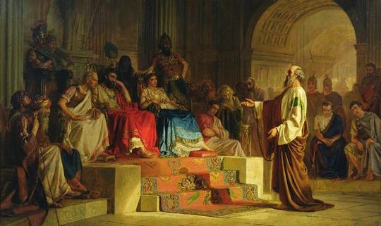 Nikolai Bodarevsky, 1875, Apostle Paul on Trial. Agrippa and Berenice are both seated on thrones.