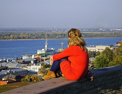 Red Loneliness on Embankment above Volga River. Nizhny Novgorod, Russia.