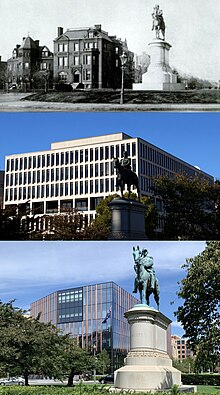 Three photos showing the northwest corner of Scott Circle in 1888, 2008, and 2023