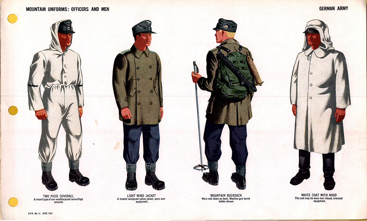 File Oni Jan 1 Uniforms And Insignia Page 009 German Army Ww2 Mountain Uniforms Officers And Men Gebirgsjager Snow Camouflage Cowerall Calico Wind Jacket Rucksack White Hooded Coat June 1943 Field Recognition Us