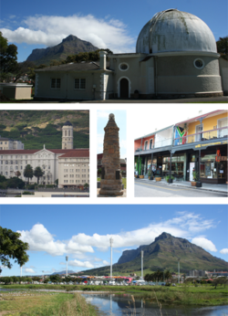 Top: Royal Observatory. Middle left: Groote Schuur Hospital. Centre Middle: A World War I monument. Middle right: Cafes on lower main road in Observatory. Bottom: Observatory's soccer and hockey stadium.