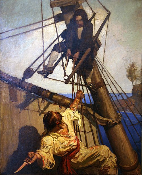 One More Step, Mr. Hands by N. C. Wyeth, 1911, for Treasure Island by Robert Louis Stevenson (Jim Hawkins with pistols).