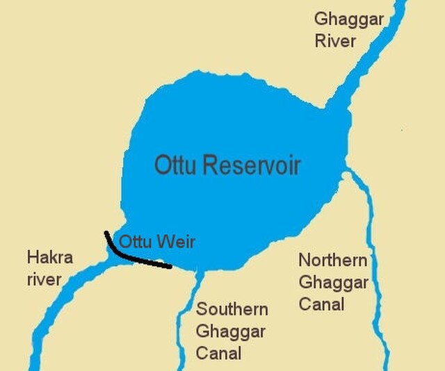 The Ghaggar river flows into the Ottu reservoir, afterwards it becomes the Hakra river