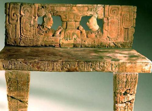 Throne 1 of Piedras Negras, which details the transfer of power from Ha' K'in Xook to K'inich Yat Ahk II. Piedrasnegrastrono.jpg