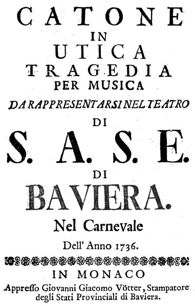 Title page of the libretto of Torri's Catone in Utica (Munich 1736)