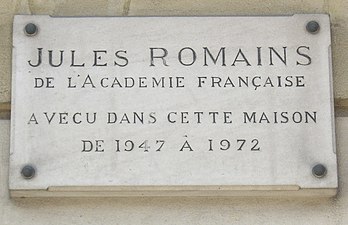 Plaque Jules Romains, 6 rue de Solférino, Paris 7.jpg