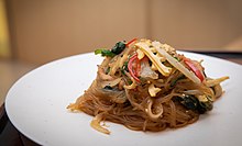 Japchae is typically prepared with dangmyeon, a type of cellophane noodle made from sweet potato starch Polish Korean Cuisine and Culture Exchanges Gradmother's Recipes 05.jpg