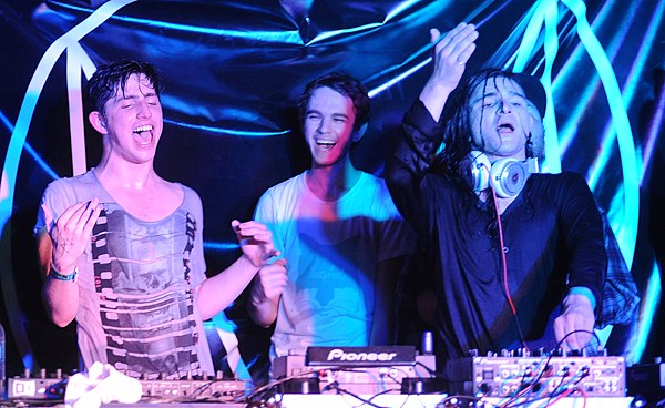 (L to R:) Porter Robinson, Zedd, and Skrillex performing at SXSW in March 2012