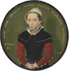 Attributed to Catharina van Hemessen. Portrait of a Thirty-One-Year-Old Woman label QS:Len,"Portrait of a Thirty-One-Year-Old Woman" label QS:Lpl,"Portret 31-letniej kobiety" label QS:Lnl,"Portret van een eenendertigjarige vrouw" 1550. oil on panel medium QS:P186,Q296955;P186,Q106857709,P518,Q861259 . diameter: 14.5 cm (5.7 in) dimensions QS:P2386,14.5U174728 Europe, Private collection institution QS:P195,Q768717 .