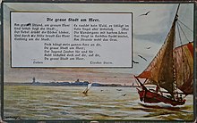 Aquarell mit Theodor Storms Gedicht Die graue Stadt am Meer