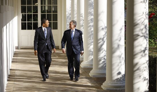 President-elect Obama walking with President Bush during their November 10 meeting