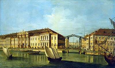 The third Winter Palace of 1727. Designed by Domenico Trezzini it incorporated the second Winter Palace of 1721 by Georg Mattarnovy as one of its terminating pavilions. c.1732 PtheGspalace.jpg