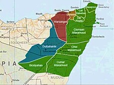 A broad clan map of Puntland depicting where the largest sub-clans settle. Cismaan Maxamud, being one of the largest, cover majority of Bari and Karkaar regions Puntland Map Clan osman.jpg