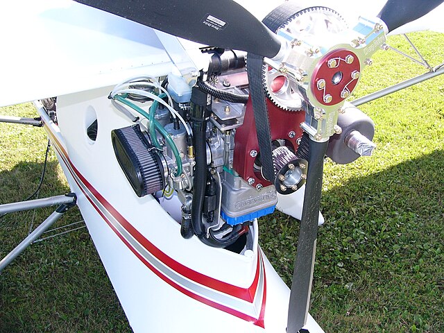 Rotax 582 pusher installation on a Quad City Challenger II, showing a toothed-belt reduction drive.