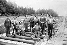 Navvies constructing the railway between Stockholm and Uppsala, Sweden (ca 1900). Rallare. Arbete pa dubbelsparet mellan Stockholm och Uppsala vid Alsike - Nordiska Museet - NMA.0036614.jpg