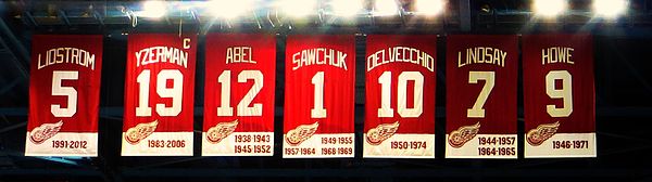 The retired numbers of former Detroit Red Wings players displayed at Joe Louis Arena.