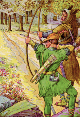 Robin shoots with sir Guy by Louis Rhead 1912.png