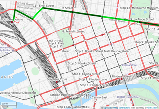 Map of the western and central sections of the proposed East-West Light Rail (in green) Route North Melbourne Extension.png