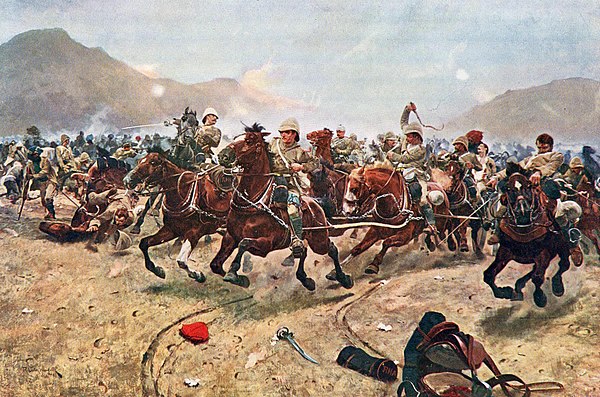 "Maiwand: Saving the Guns". Royal Horse Artillery withdrawing from Afghan attack at the Battle of Maiwand, painted by Richard Caton Woodville