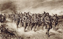 An illustration depicting men of the Royal Munster Fusiliers returning victoriously from their capture of Ginchy during the Battle of the Somme. Royal Munster Fusiliers Battle of the Somme.jpg