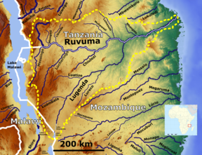 Kaart van die Rovumarivier-bekken in Afrika.