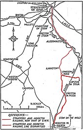 Map from the 1930s of the Stratford and Moreton Tramway; the southern section in use as a railway, and the northern section by this stage abandoned. S&MT map.jpg