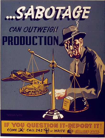 A United States poster from the World War II-era that was used to inform people about what they should do if they suspect sabotage