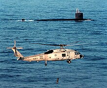 An SH-60F from HS-5 with USS Grayling, in 1996 SH-60F Seahawk USS Grayling SSN-646 1996.jpg