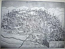 "Seralia" (Sarajevo) in 1697 at the time of the siege by Eugene de Savoy. Excerpts from his diary: 23 October 1697: "I opened a front line on the right side of the city and sent one division to loot and plunder: the Turks have brought all their valuables to security, but we could still find enough spoils. In the evening, a fire broke out. The city is large and fully open. It has 120 beautiful mosques."24 October 1697: "We have completely burned down the city and all outskirts. Our troops, which have chased the enemy, have fetched spoils, women and children too. Many Christians are coming to us and begging for protection. They are coming with all their belongings in our camp because they want to leave the land and join us. I hope that I will be able to take all of them over the Sava river." Sarajevo 1697.jpg