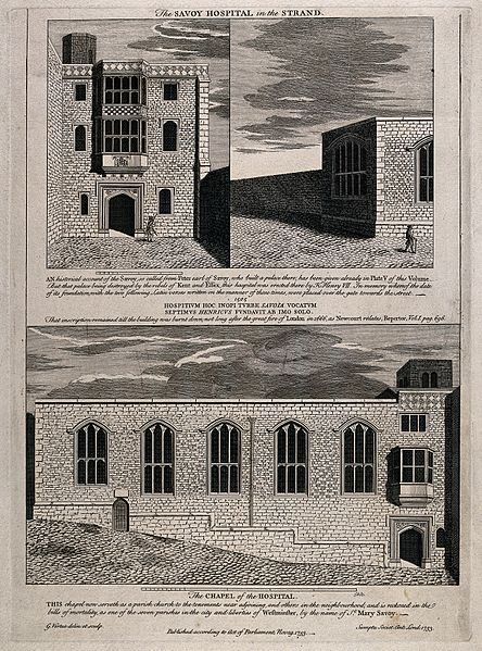 Part of the old Savoy Hospital (top) and the 'Church of St Mary Savoy' (bottom) in 1753