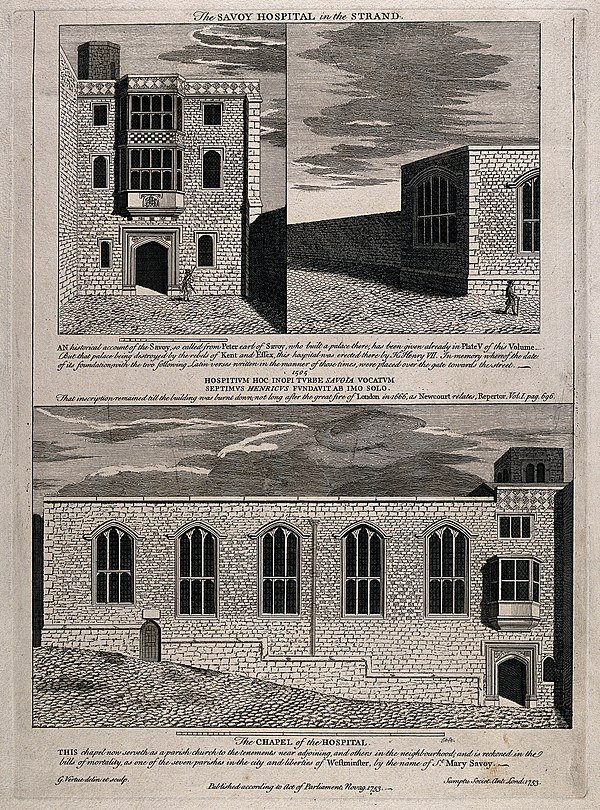 Part of the old Savoy Hospital (top) and the 'Church of St Mary Savoy' (bottom) in 1753
