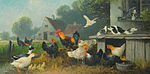Птичий двор с утками, голубями, цыплятами, курами и петухом (картина Отто Шойерера (нем. Otto Scheuerer), 1862—1934)