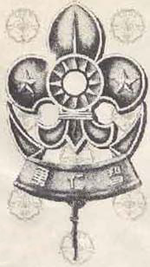 The historic membership badge of the General Association of the Scouts of China incorporated the Blue Sky with a White Sun. The Chinese characters are Yong Ren Zhi  (bravery, charity, wisdom). Scouts of China 1930s.png