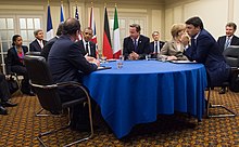 US President Barack Obama with EU4 leaders Hollande, Cameron, Merkel and Renzi during the 2014 Wales summit Secretary Kerry Joins President Obama for Meeting With Ukrainian President Poroshenko Before NATO Summit in Wales (15114372976).jpg