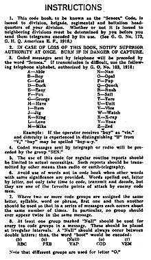 Instruction page from WW I U.S. Army trench code, Seneca edition, with spelling alphabet for telephone and radio use Seneca code instructions.agr.jpg