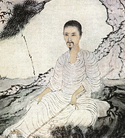 Shitao (1642–1707), who was related to the Ming imperial family, was one of many artists and writers who refused to give their allegiance to the Qing. Art historian Craig Clunas suggests that Shitao used a poem inscribed on this "Self-Portrait Supervising the Planting of Pines" (1674) to allude to the restoration of the Ming dynasty.[314]