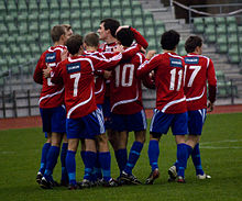 Skeid players celebrate a goal against Steinkjer FK at Bislett Stadium in October 2008. Skeid won the match 8-2. Skeid-jubel.jpg