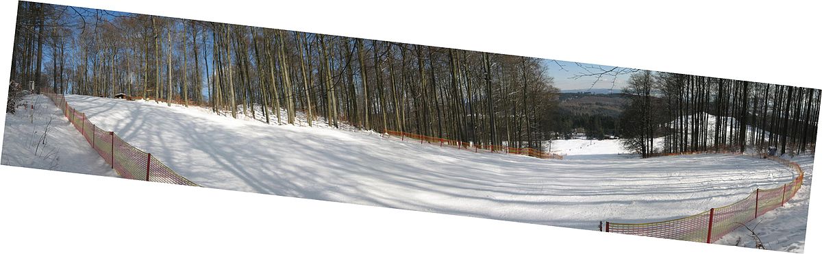 Panorama der Abfahrt: Die Skipiste ist im oberen Abschnitt als mittelschwer einzustufen. Die Abfahrt endet übrigens unten am Wald.